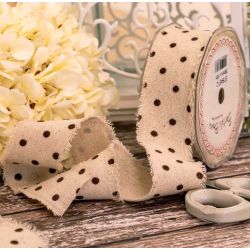 Frayed Edged Linen Ribbon With Dark Brown Polka Dots