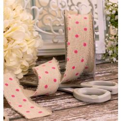 38mm linen frayed edged ribbon with bright pink mini polka dot design