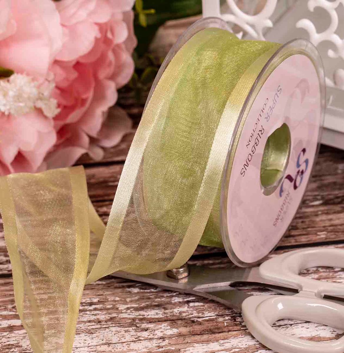 40mm Satin Edged Sheer Ribbon In Pale Green